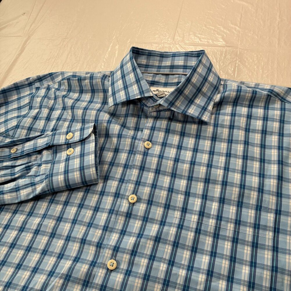 Peter Millar Button Up Blue Checkered Mens Large Performance